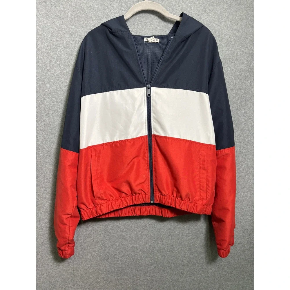 Forever‎ 21 Colorblock Cropped Windbreaker Jacket Red Navy White Large Coastal
